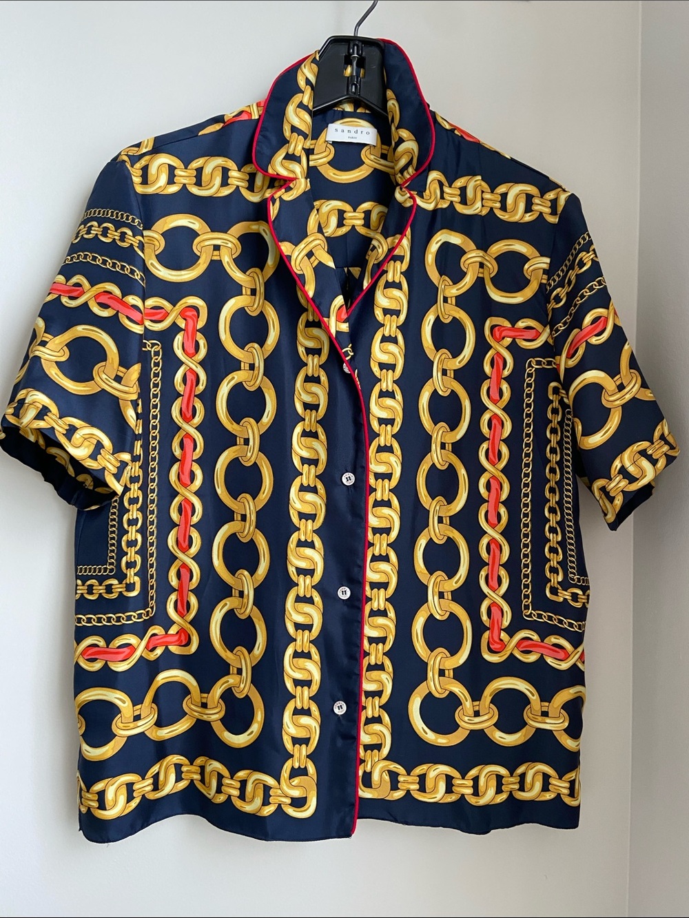 Sandro Navy Short-Sleeve Shirt with Gold Chain Print Pure Silk Never Worn